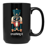 Crushing It - Nutcracker With Sunglasses - Festive Humor Black Coffee Mug, Gift Coffee Mug - Black