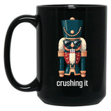 Crushing It - Nutcracker With Sunglasses - Festive Humor Black Coffee Mug, Gift Coffee Mug