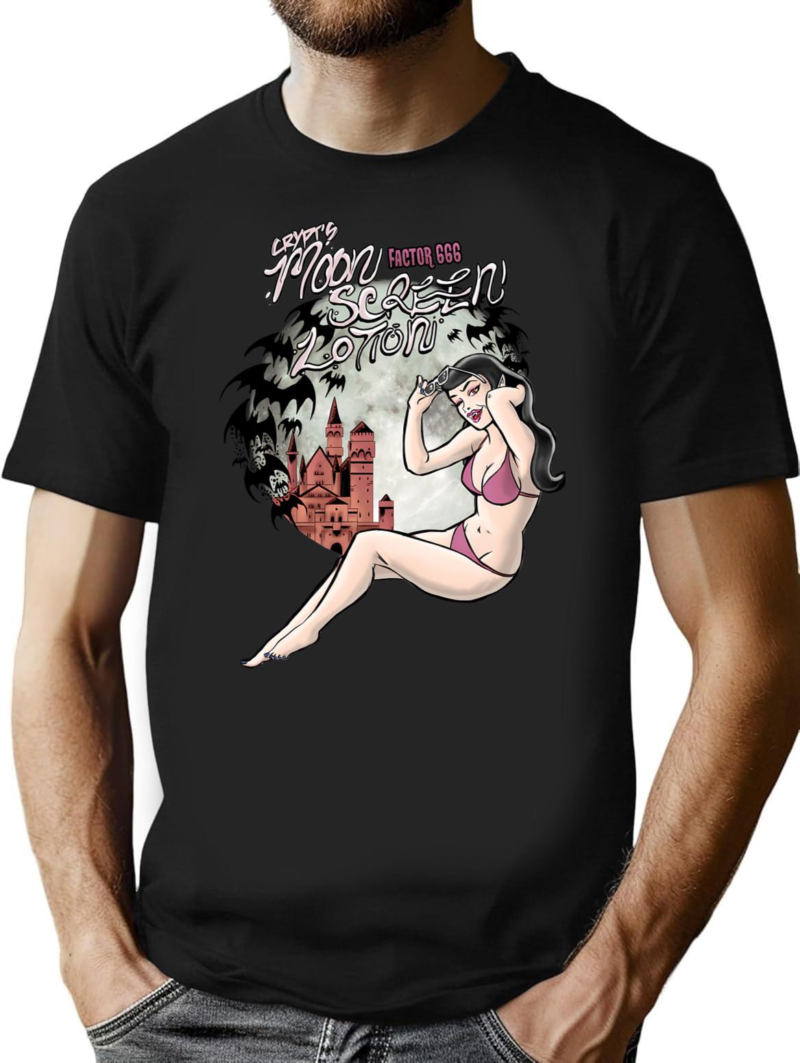 Crypt's Moon Screen Lotion T-Shirt - Retro Graphic Tee for Men & Women - Black