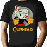 Cuphead Circle Shadow Profile Vintage T-Shirt - Retro Graphic Casual Tee - Black
