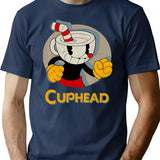 Cuphead Circle Shadow Profile Vintage T-Shirt - Retro Graphic Casual Tee - Navy