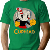 Cuphead Circle Shadow Profile Vintage T-Shirt - Retro Graphic Casual Tee - Green
