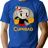 Cuphead Circle Shadow Profile Vintage T-Shirt - Retro Graphic Casual Tee - Blue