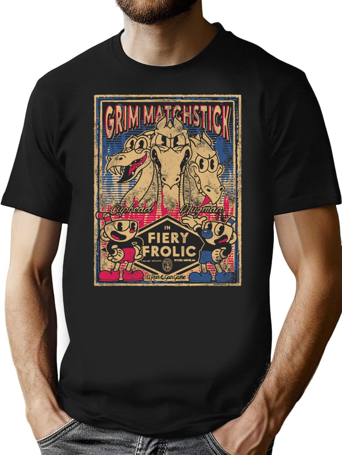 Cuphead Grim Matchstick Fiery Frolic T-Shirt - Retro Graphic Tee for Men & Women - Black