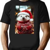 Cute Christmas Hedgehog Funny Retro Animal Photo T-Shirt - Black