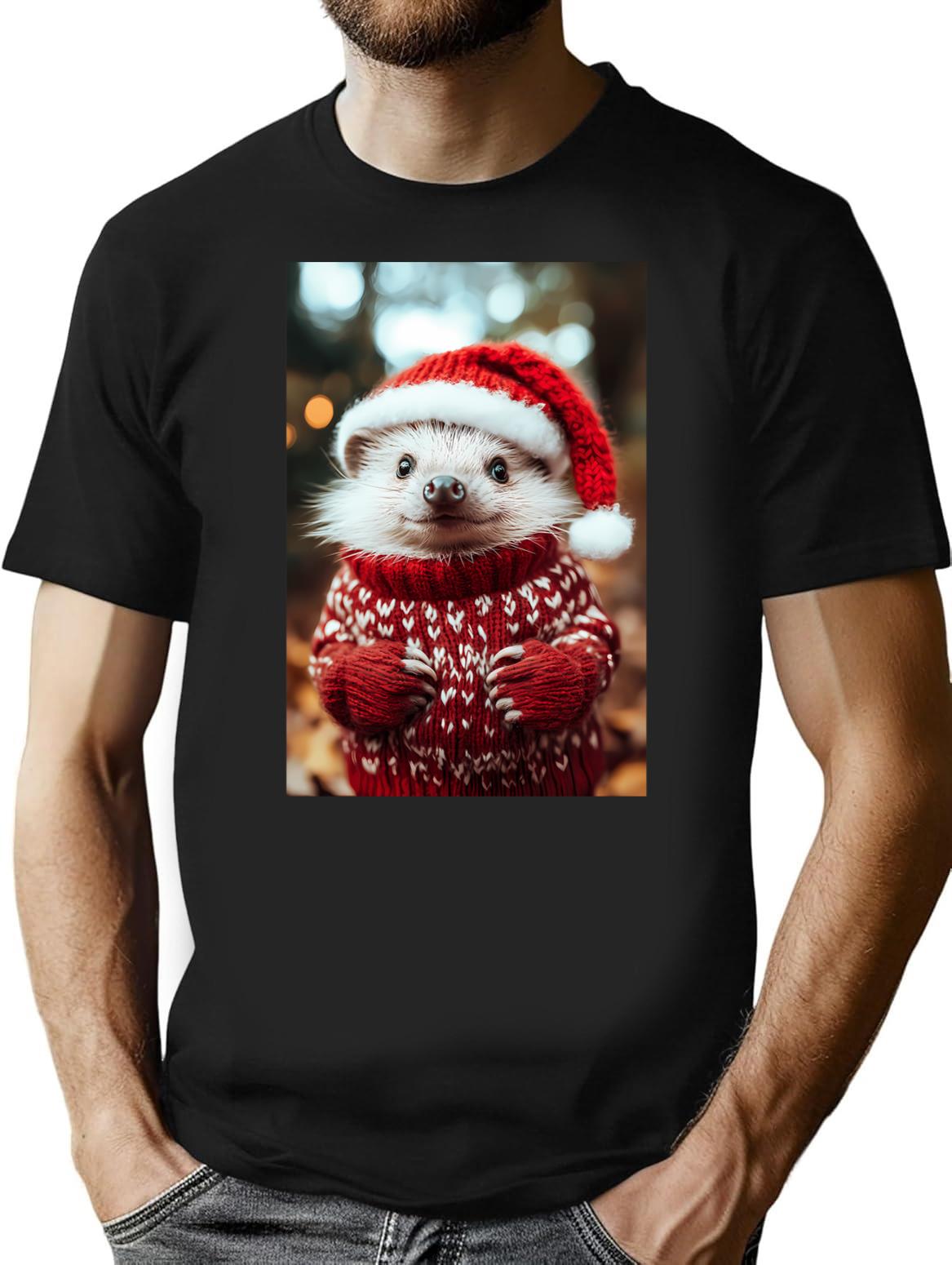 Cute Christmas Hedgehog Funny Retro Animal Photo T-Shirt - Black
