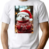 Cute Christmas Hedgehog Funny Retro Animal Photo T-Shirt - White
