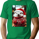 Cute Christmas Hedgehog Funny Retro Animal Photo T-Shirt - Green