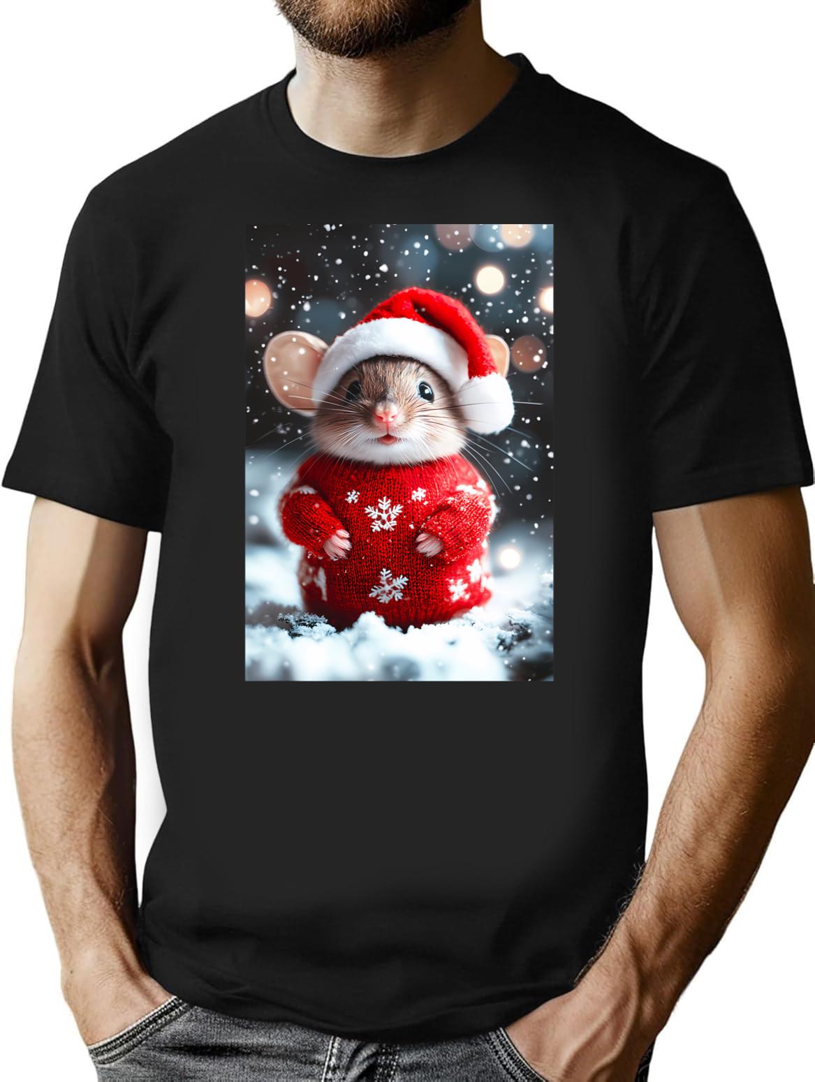 Cute Christmas Mouse Funny Retro Animal Photo T-Shirt - Black