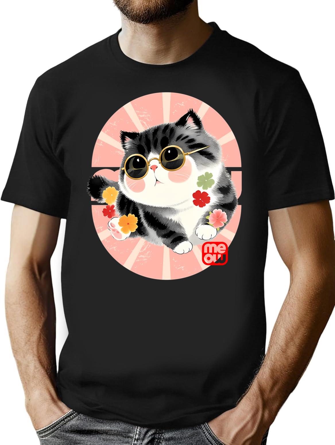 Cute Kitten Wear Sunglasses T-Shirt - Retro Graphic Tee for Men & Women - Black