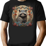Cute Raccoon Vintage Illustration T-Shirt - Retro Graphic Casual Tee - Black