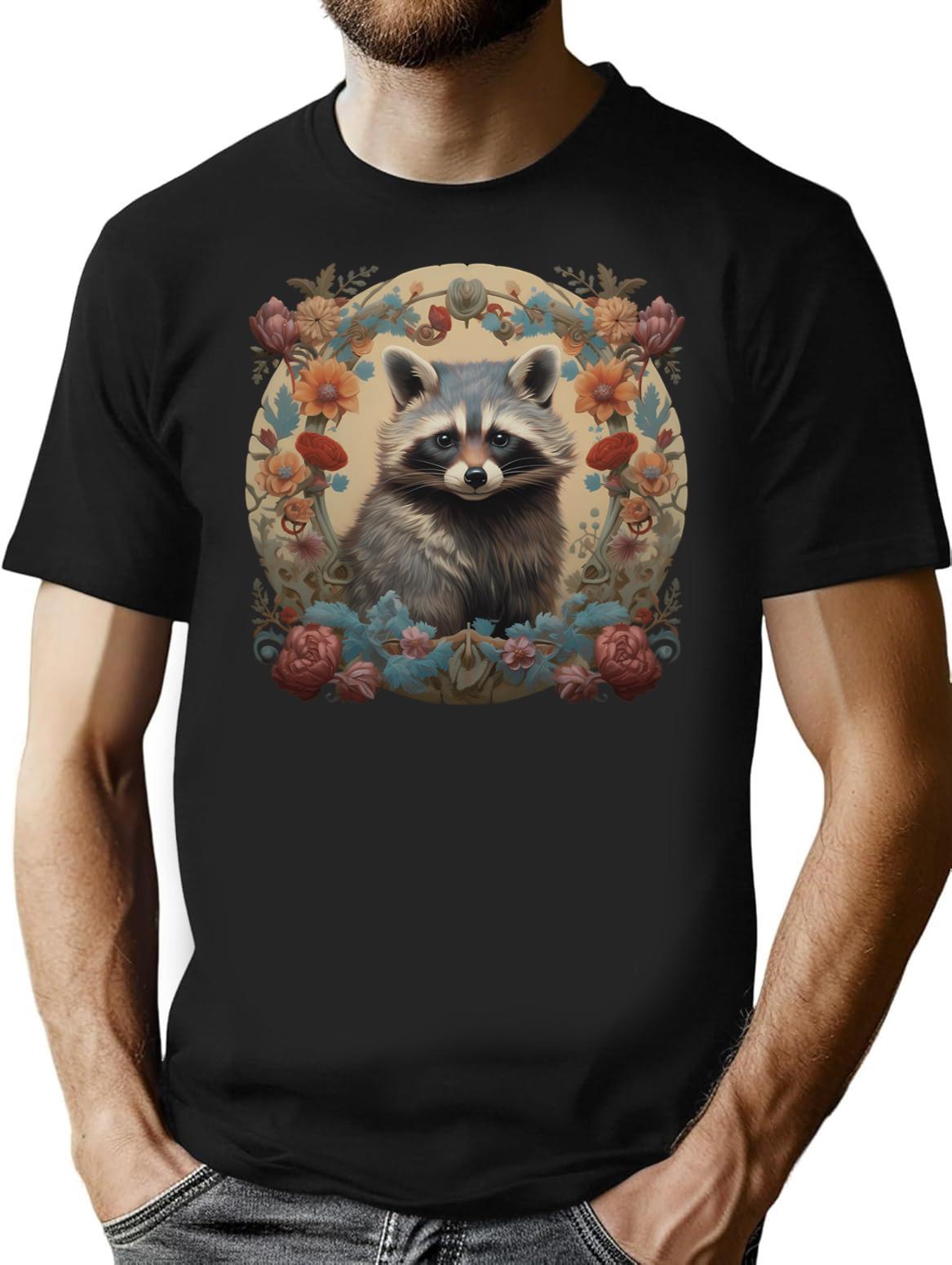 Cute Raccoon Vintage Illustration T-Shirt - Retro Graphic Casual Tee - Black