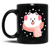 Cute Samoyed Dog In Snow Black Coffee Mug, Gift Coffee Mug