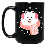 Cute Samoyed Dog In Snow Black Coffee Mug, Gift Coffee Mug
