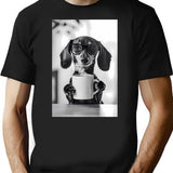 Dachshund Dog Drinking Coffee Wearing Glasses T-Shirt - Black