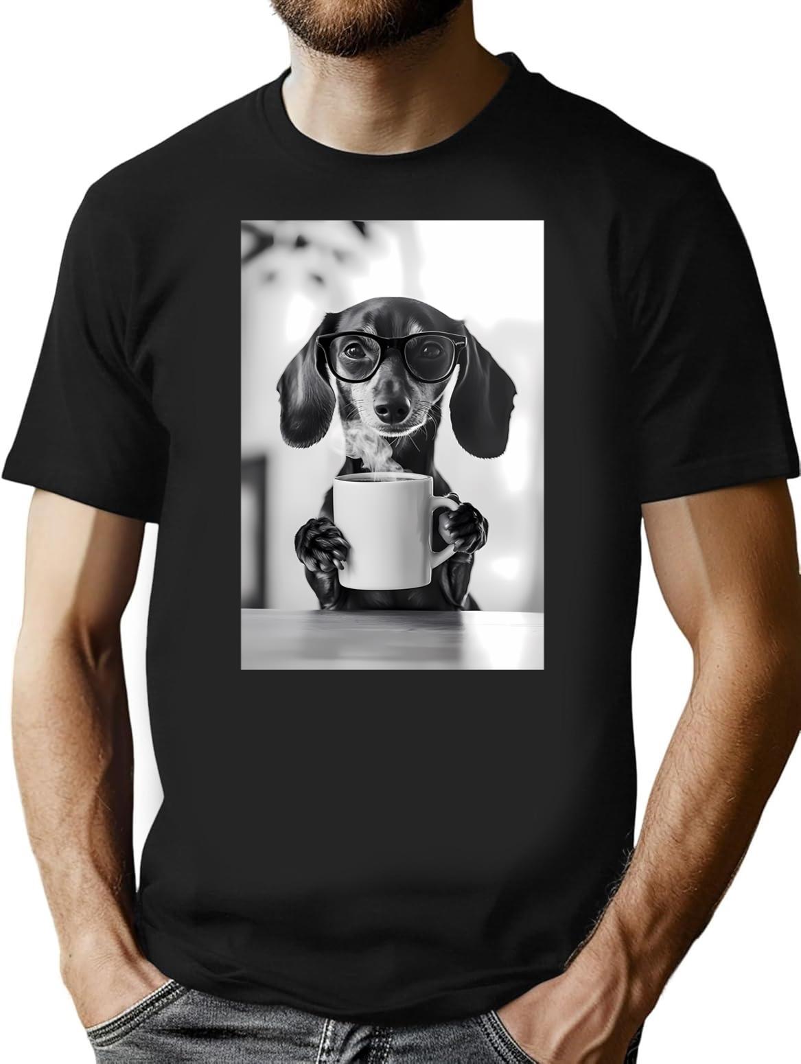 Dachshund Dog Drinking Coffee Wearing Glasses T-Shirt - Black