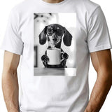 Dachshund Dog Drinking Coffee Wearing Glasses T-Shirt - White