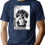 Dachshund Dog Drinking Coffee Wearing Glasses T-Shirt - Navy