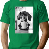 Dachshund Dog Drinking Coffee Wearing Glasses T-Shirt - Green