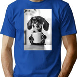 Dachshund Dog Drinking Coffee Wearing Glasses T-Shirt - Blue