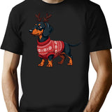 Dachshund In Rudolph Costume Cozy Christmas Sweater Design T-Shirt - Black