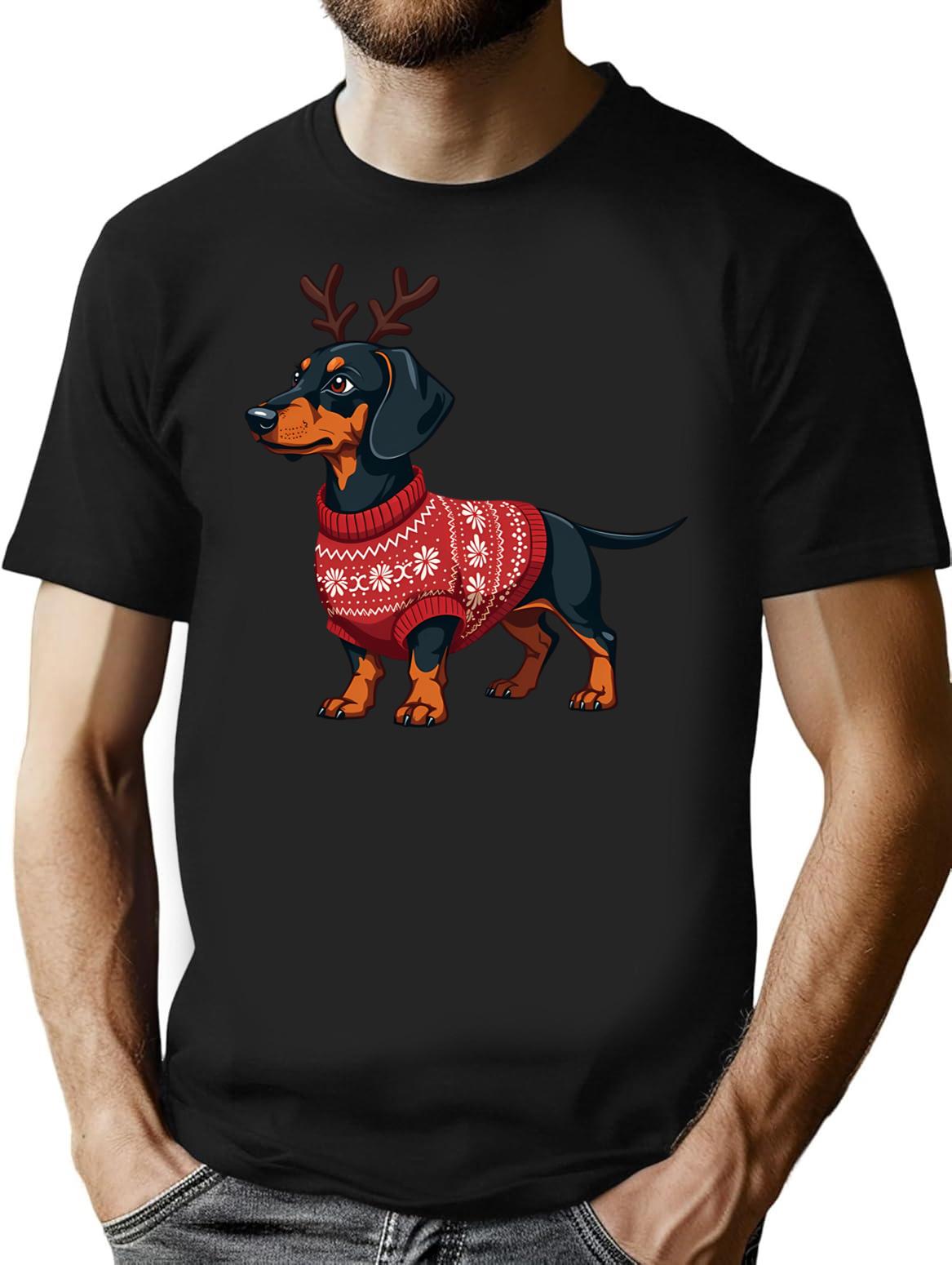 Dachshund In Rudolph Costume Cozy Christmas Sweater Design T-Shirt - Black