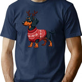 Dachshund In Rudolph Costume Cozy Christmas Sweater Design T-Shirt - Navy