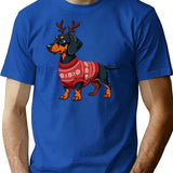 Dachshund In Rudolph Costume Cozy Christmas Sweater Design T-Shirt - Blue