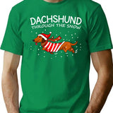 Dachshund Through The Snow Funny Dog Christmas T-Shirt - Green