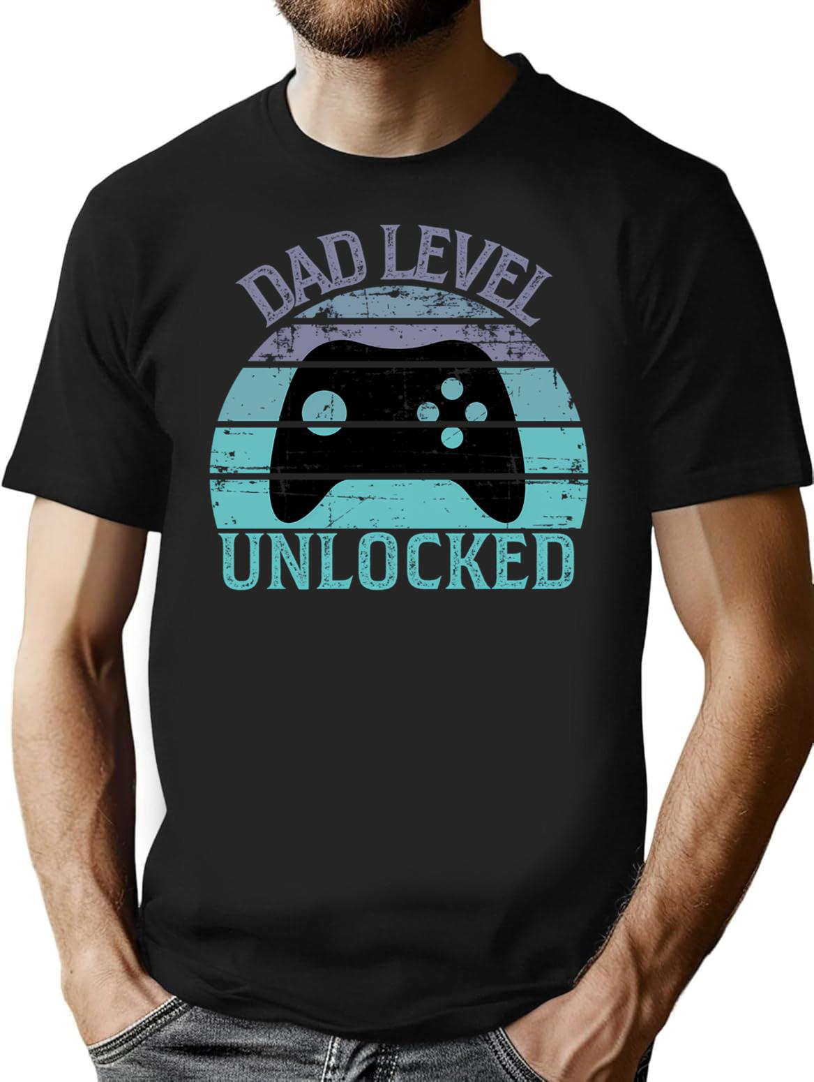 Dad Level Unlocked T-Shirt - Retro Graphic Tee for Men & Women - Black