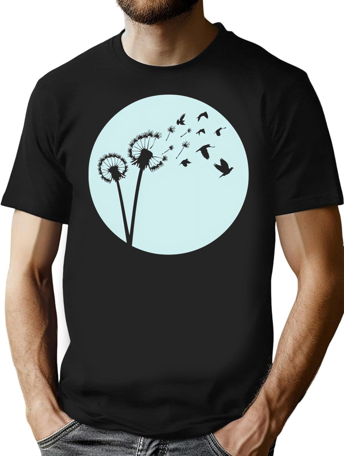 Dandelion Bird Flight T-Shirt - Retro Graphic Tee for Men & Women - Black