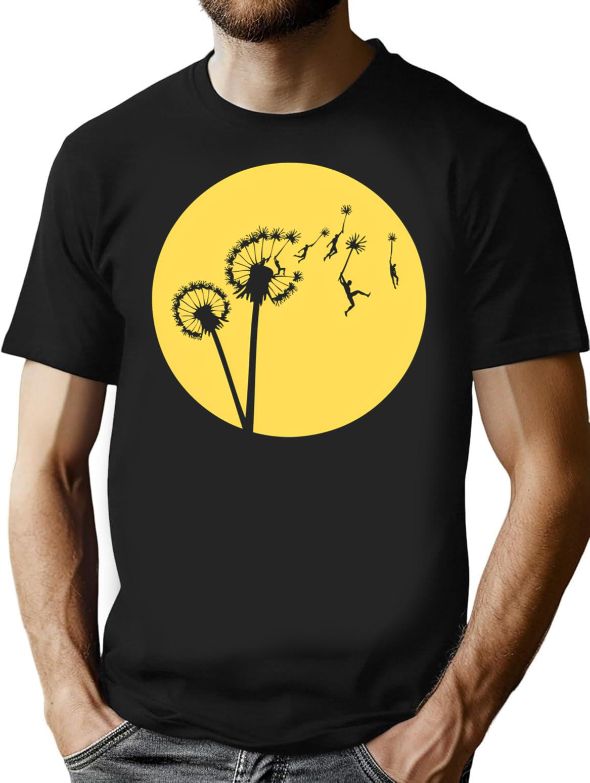 Dandylion Flight - Reversed Circular T-Shirt - Retro Graphic Tee for Men & Women - Black