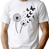 Dandylion Flight With Butterflies T-Shirt - Retro Graphic Tee for Men & Women - White