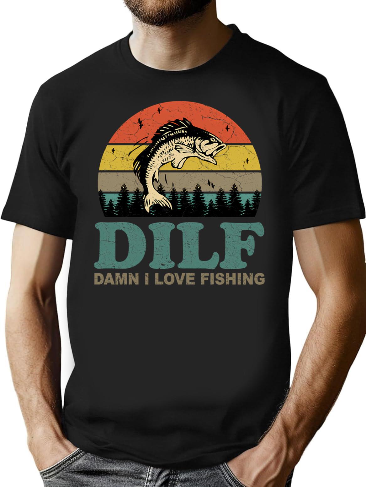 Dilf Damn I Love Fishing Retro Vintage Sunset Funny Fishing Gift (1) T-Shirt - Black