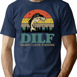 Dilf Damn I Love Fishing Retro Vintage Sunset Funny Fishing Gift (1) T-Shirt - Navy