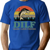 Dilf Damn I Love Fishing Retro Vintage Sunset Funny Fishing Gift (1) T-Shirt - Blue