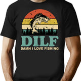 Dilf Damn I Love Fishing Retro Vintage Sunset Funny Fishing Gift T-Shirt - Black