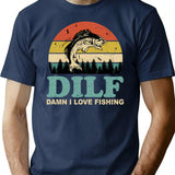Dilf Damn I Love Fishing Retro Vintage Sunset Funny Fishing Gift T-Shirt - Navy