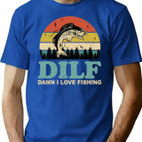Dilf Damn I Love Fishing Retro Vintage Sunset Funny Fishing Gift T-Shirt - Blue