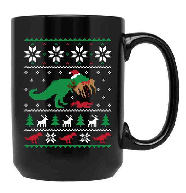 Dinosaur Ugly Christmas Sweater - Funny Christmas Gift Black Coffee Mug, Gift Coffee Mug - Black