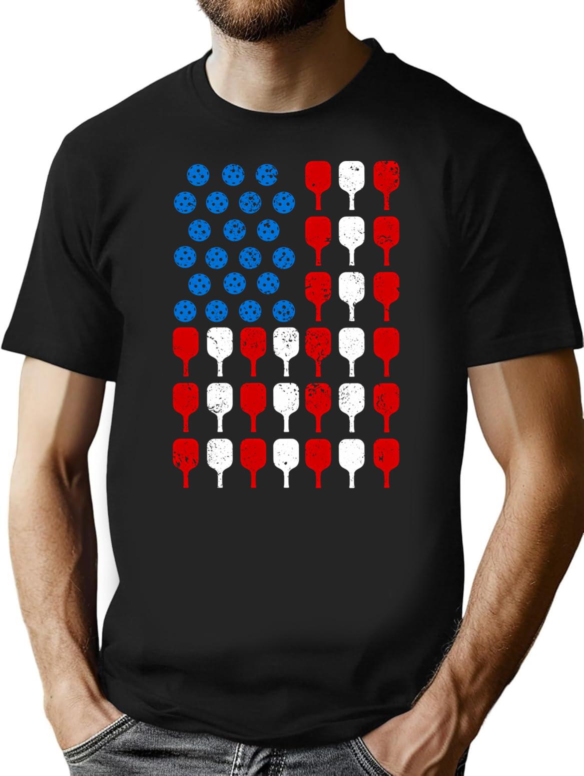 Distressed Vintage Pickleball Usa Flag T-Shirt - Retro Graphic Casual Tee - Black