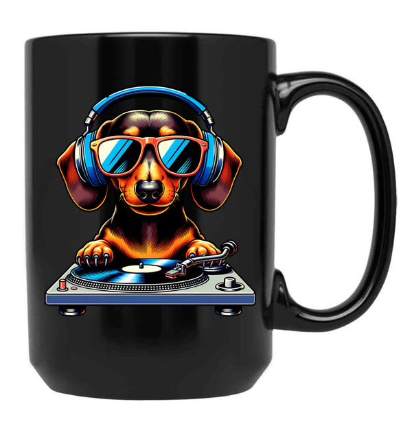 Dj Dachshund Dog Black Coffee Mug, Gift Coffee Mug - Black