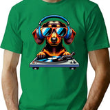Dj Dachshund Dog T-Shirt - Retro Graphic Tee for Men & Women - Green