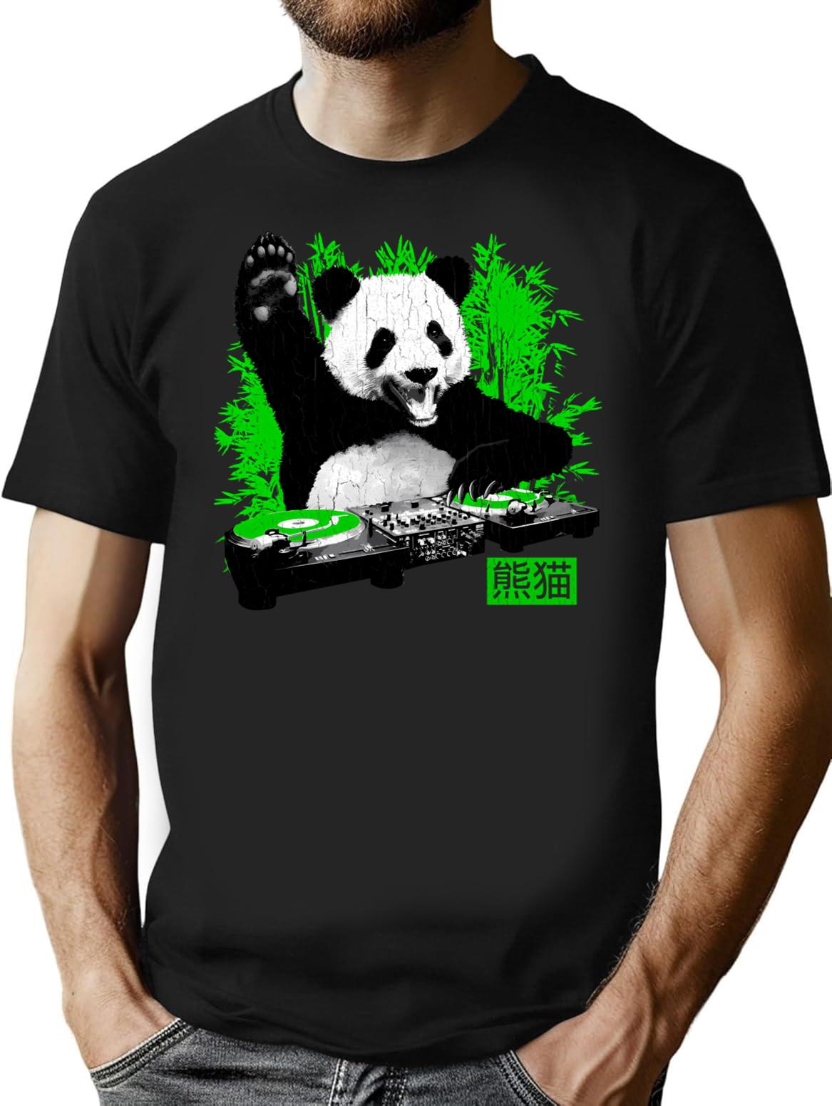 Dj Panda (vintage Distressed Look) T-Shirt - Retro Graphic Casual Tee - Black