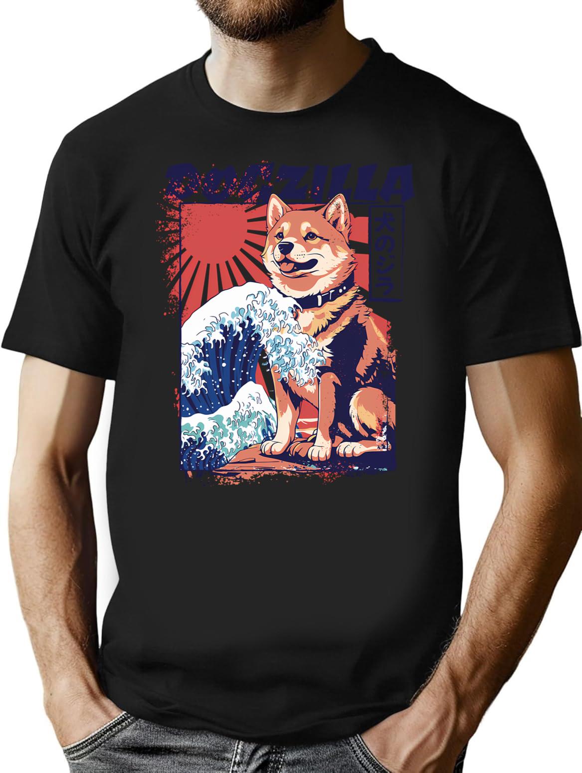 Dogzilla Shiba Inu Wave - Retro Japanese Inspired Dog Art T-Shirt - Black