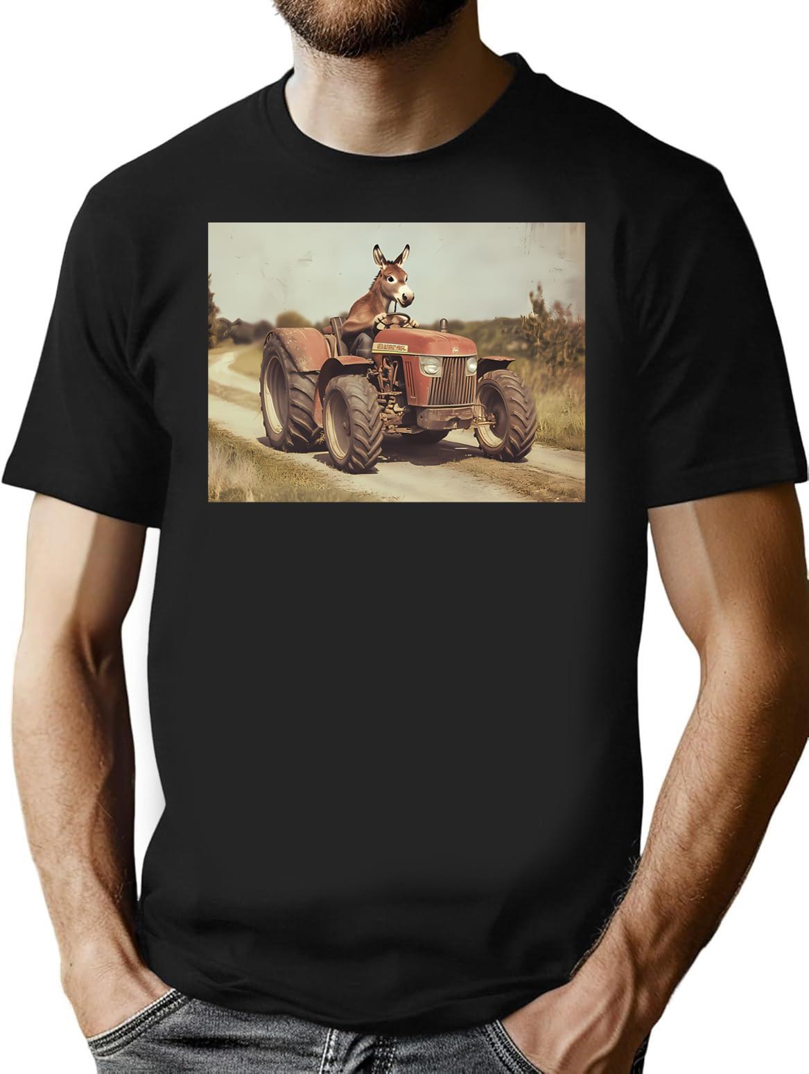 Donkey Driving A Tractor Funny Farm Animal Art T-Shirt - Black