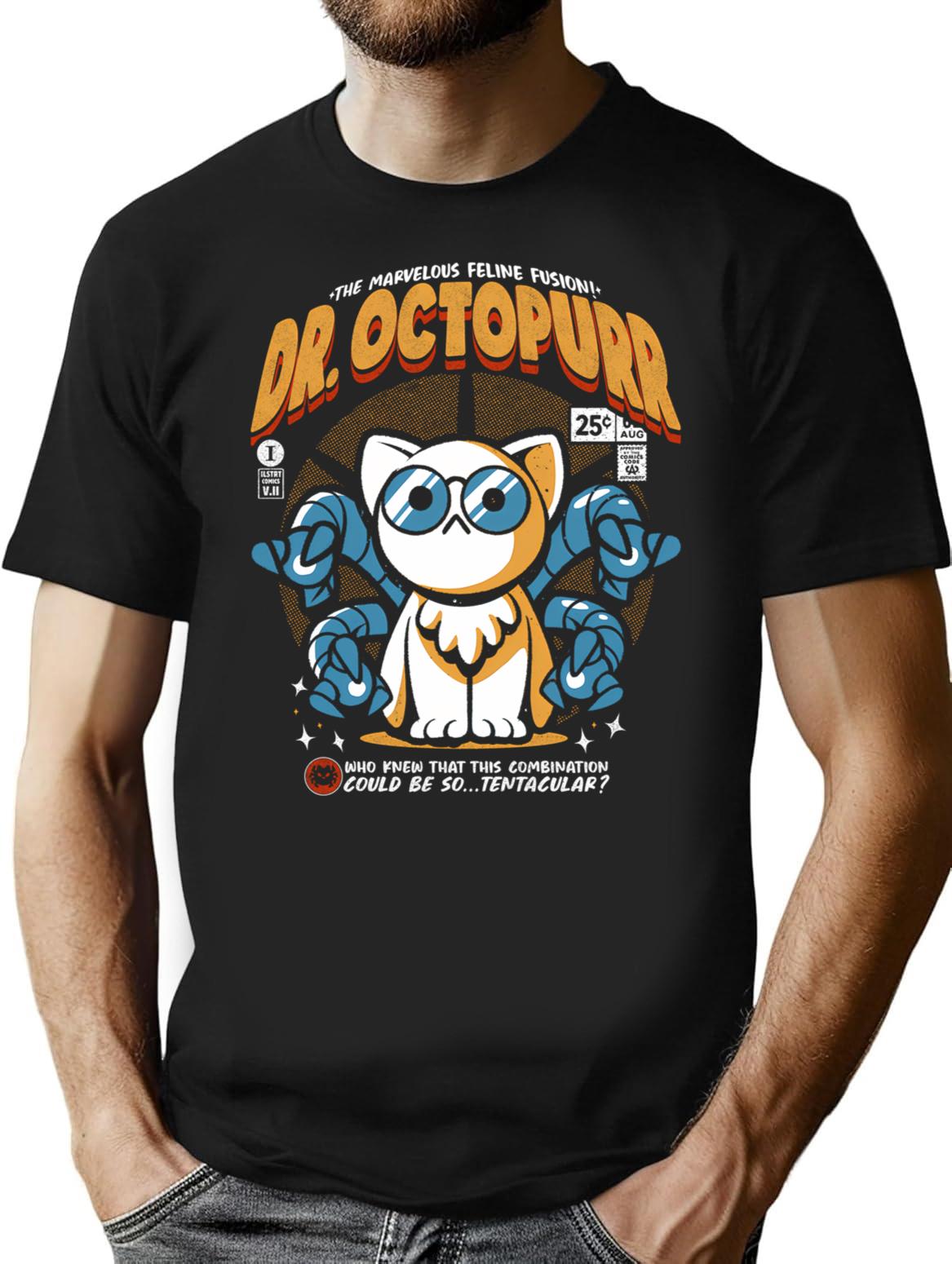 Dr. Octopurr T-Shirt - Retro Graphic Tee for Men & Women - Black