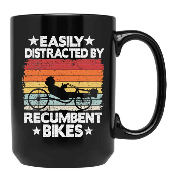 Easily Distracted By Recumbent Bikes Funny Recumbent Bike Black Coffee Mug, Gift Coffee Mug - Black