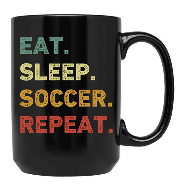 Eat Sleep Soccer Repeat Retro Funny Soccer Black Coffee Mug, Gift Coffee Mug - Black