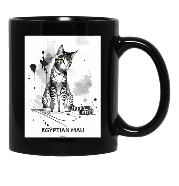 Egyptian Mau Cat Brush Sketch By Callisc Arts Black Coffee Mug, Gift Coffee Mug - Black
